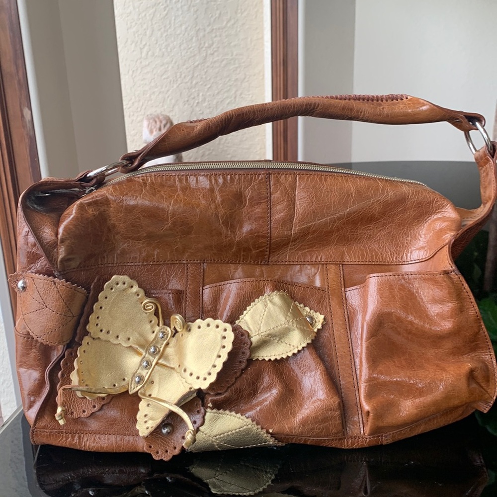 Beverly Feldman Leather Gold Butterfly Handbag
